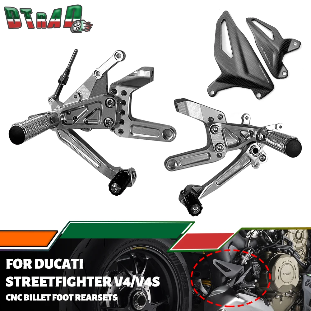 

For DUCATI Streetfighter V4 V4S 2020-2023 2024 CNC Billet Adjustable Rearsets Kits With Carbon Fiber Heel Guards Footrests Pegs