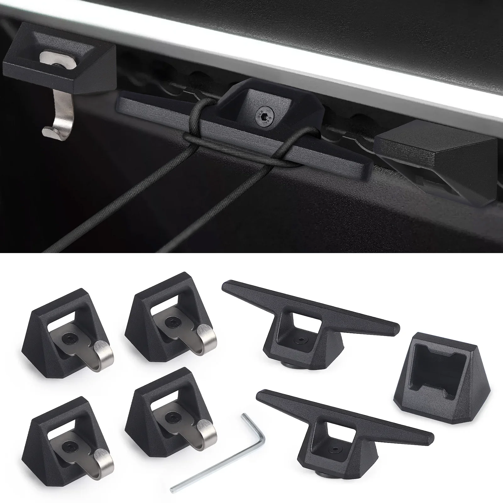 For Tesla Cybertruck 2024 Car Equipment 4 Hooks 2 D-rings 1 Opener Black Aluminum Rear Bucket Pull Ring Track Accessories Set