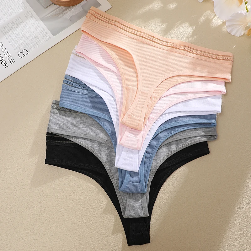 3PCS/Set Cotton Panties for Women Sexy Lace Thongs G-String T-Back Thongs Ribbed Female Soft Underwear Women\'s Cotton Panties