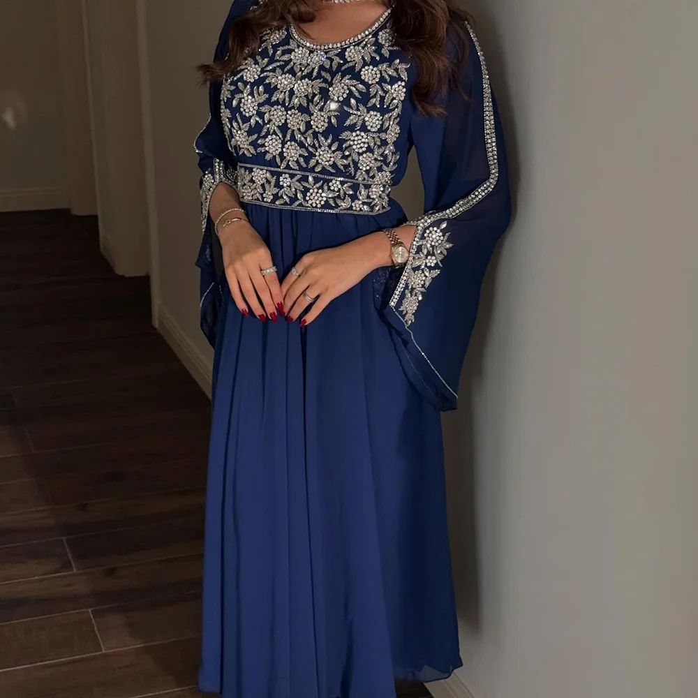 

Customized A-Line Prom Dresses Tea-Length O-Neck Full Sleeve Evening Gown Fashion Crystal Sequined Simpel Draped Party Gown