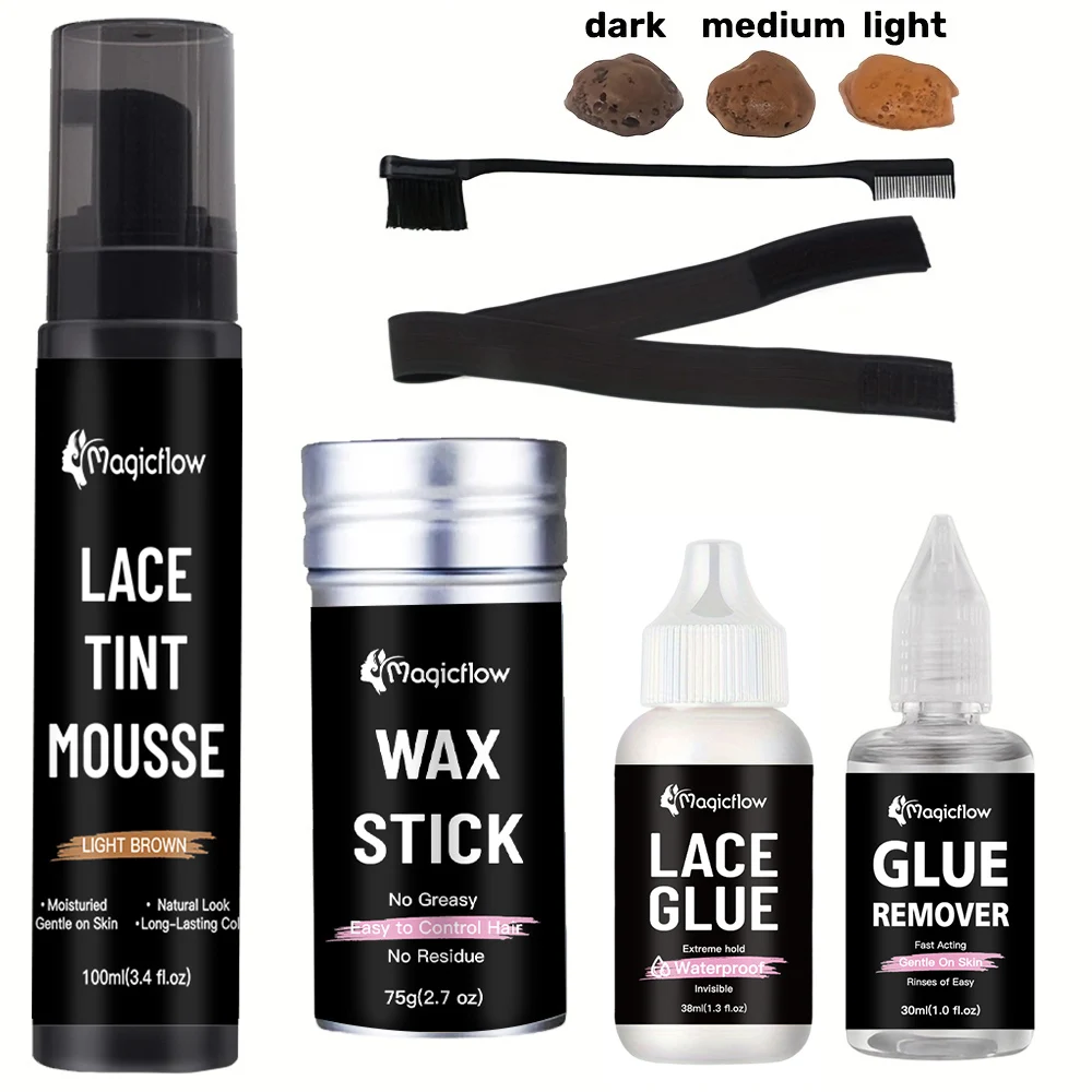 6PCS Wig Installation Styling Kit: Lace Tint Mousse, Wax Stick, Waterproof Lace Wig Glue, Glue Remover, Headband, Hair Comb