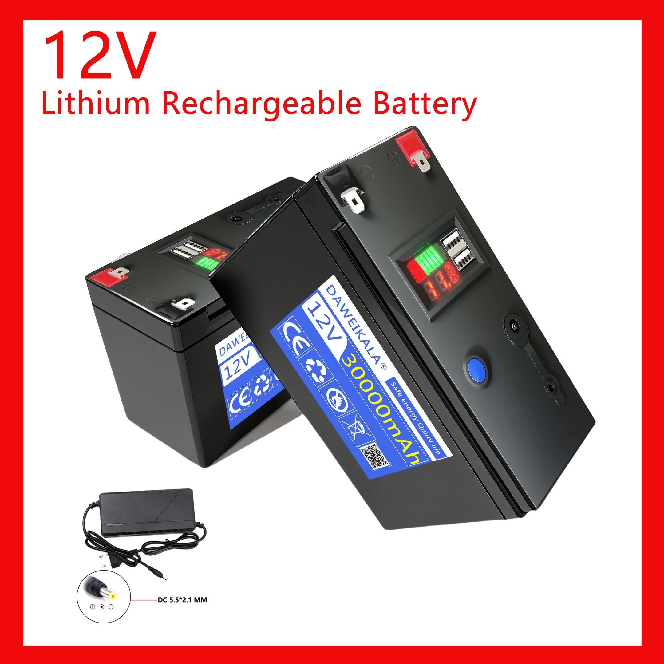 12V 10-30Ah 18650 Lithium Rechargeable Battery Pack with 12.6V Charger for Solar Energy Storage LED Lights Camping Backup Power