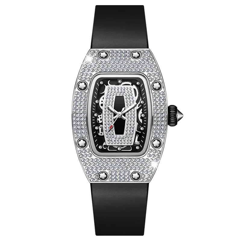 Tonneau Diamond Studded Fashion Quartz Watch for Women with Silicone Strap and Waterproof Pin Buckle