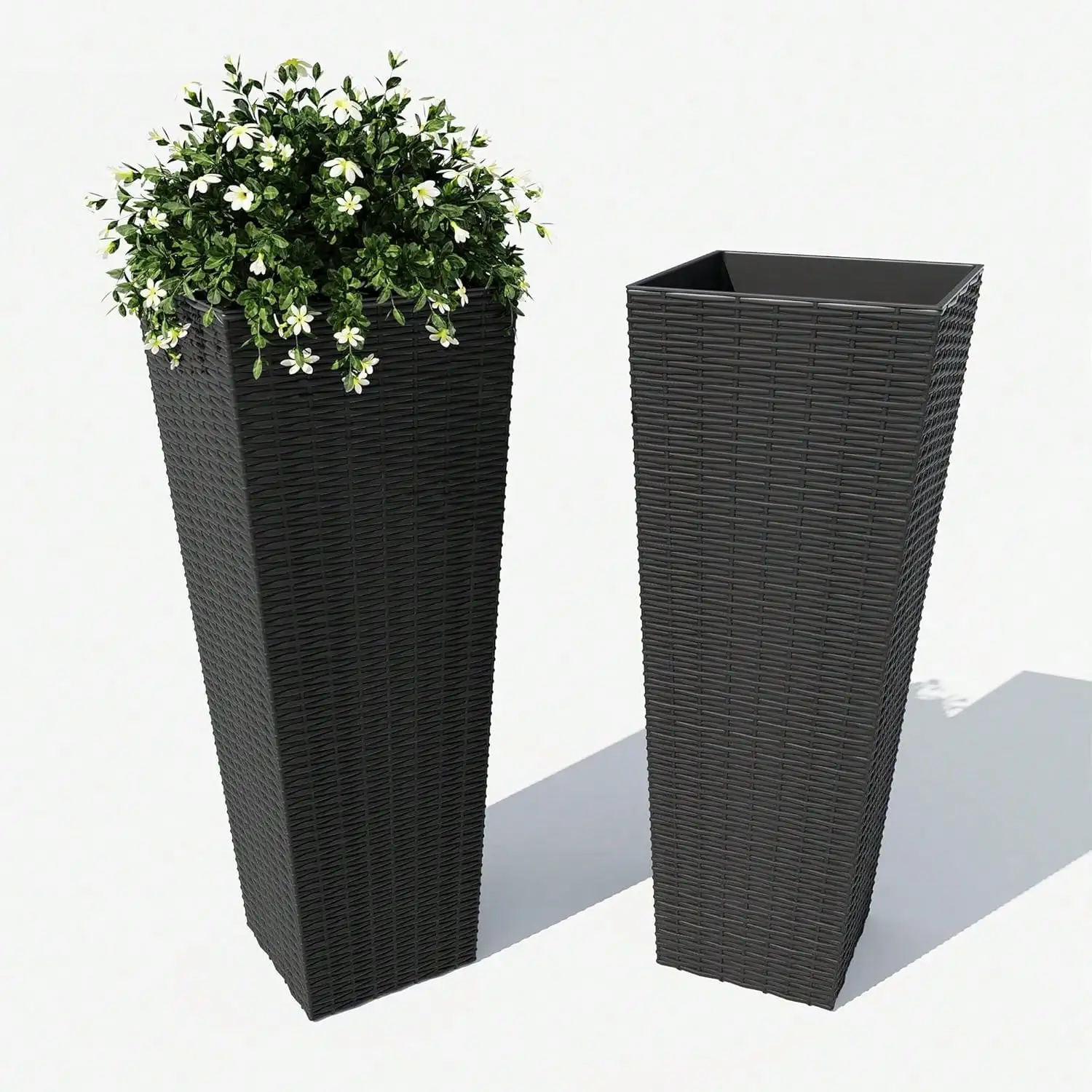 2 Pack Large Tall Planters, 24/36 Inch Indoor Outdoor Plant Pots with Removable Liner and Drainage Holes, All Weather Decorative Planters for Trees Flowers Porch Patio Backyard Garden