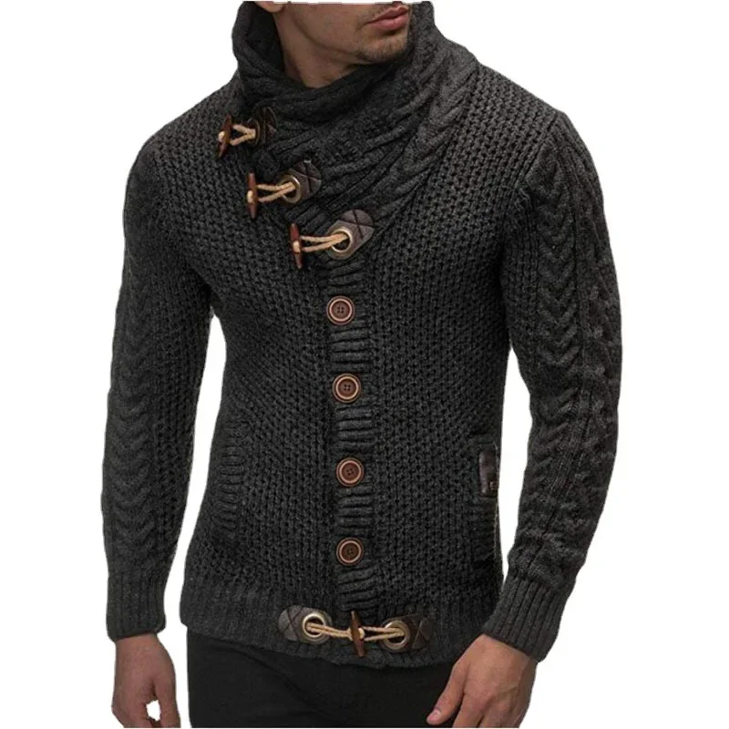 

Spring Autumn Men Pullovers Sweaters Tops Turtleneck Full Sleeve Button Casual Single Breasted Splice Simple Slim Fit Top Knit