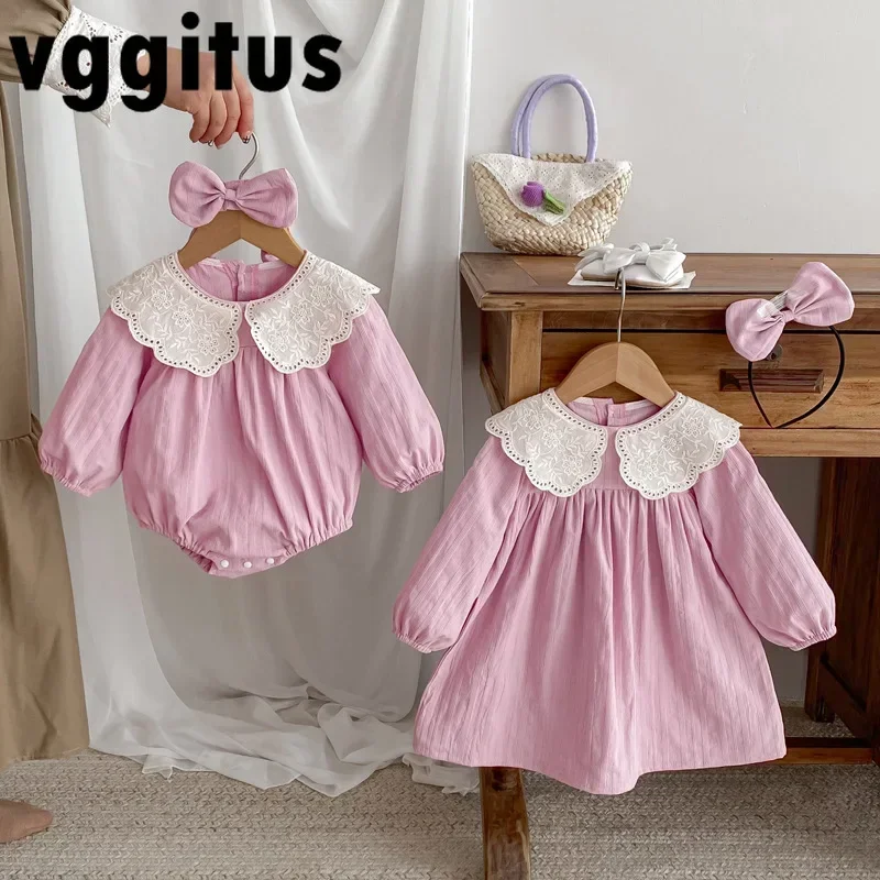 Spring Autumn Sisters Dress Matching Outfits Baby Long Sleeves Purple Bodysuit Lace Peter Pan Collar Dress Twins Clothing H1115