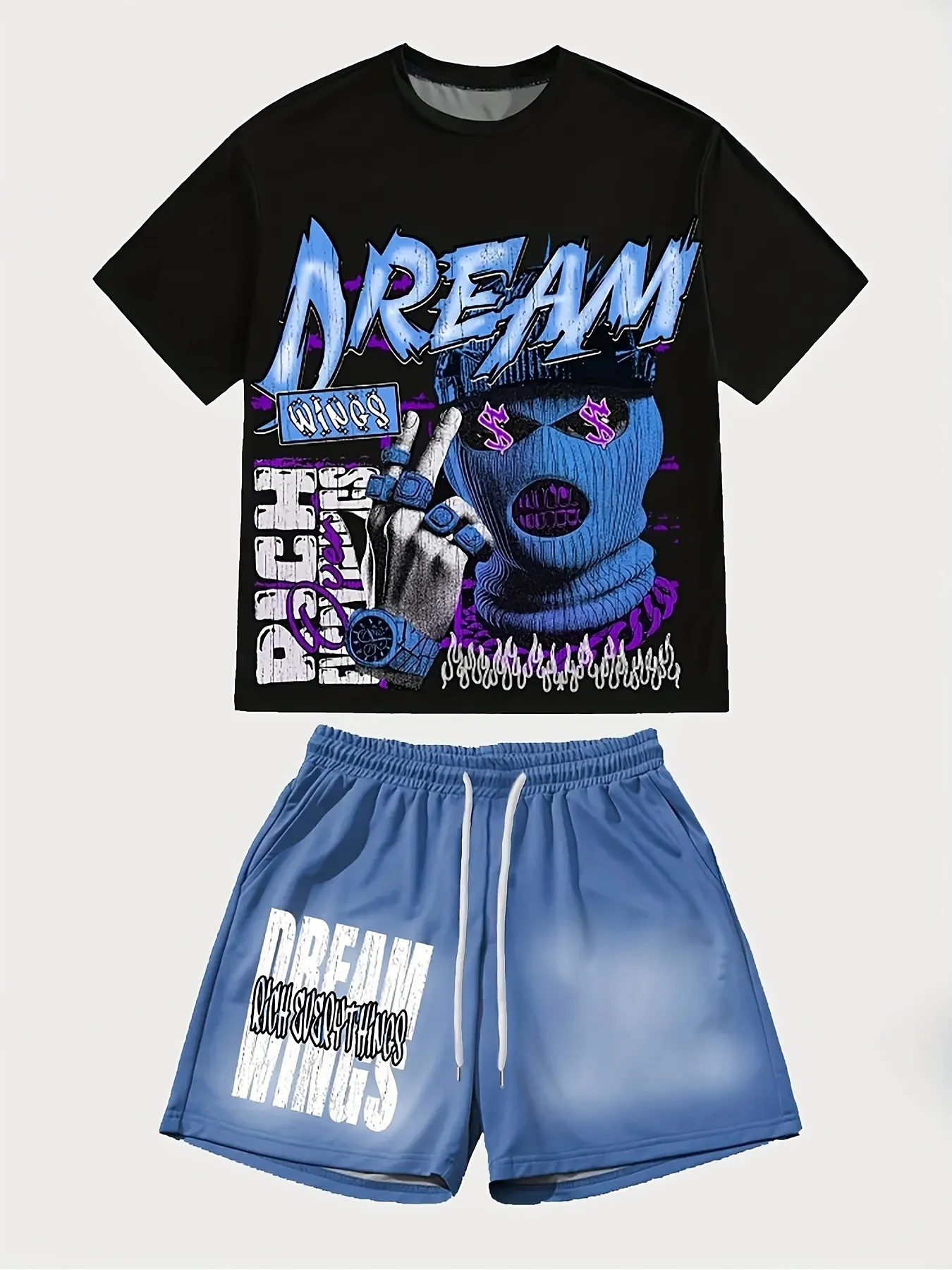 2026 Retro Y2K Ski Mask Graffiti Print Adult Men 2 Piece Tee Shorts Running Sports Casual Tracksuit Set view 2