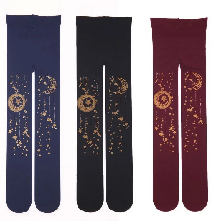 Pantyhose Women Original Japanese Bronzing Star and Moon Cute Lolita Velvet 100D Spring and Autumn Loli Pantyhose with Skirt