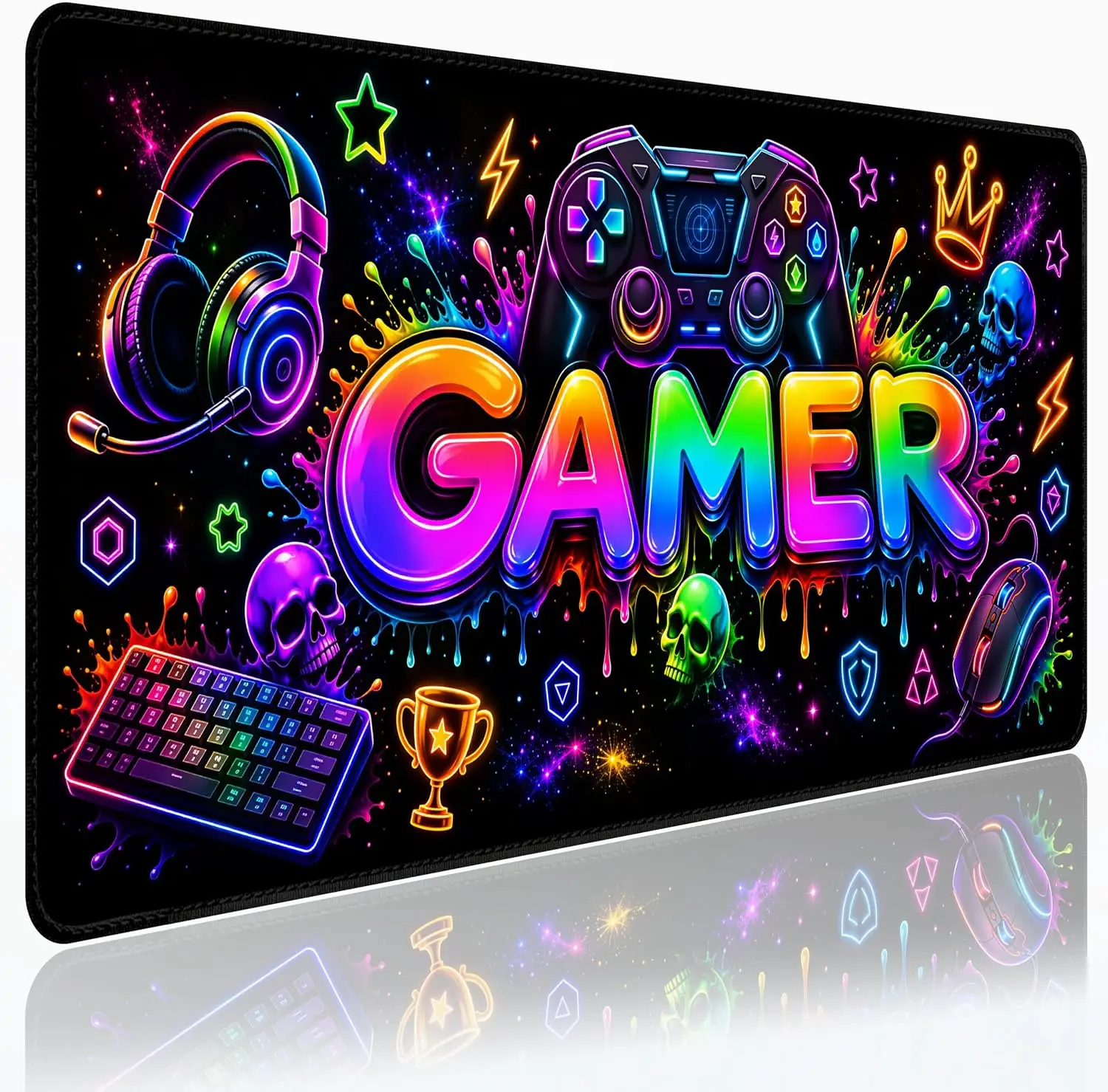 Gamer Large Gaming Mouse Pad, Neon Game Controller Headset Colorful Splash Gaming Art Pattern, Non‑Slip Mat PC Laptop Home Desk
