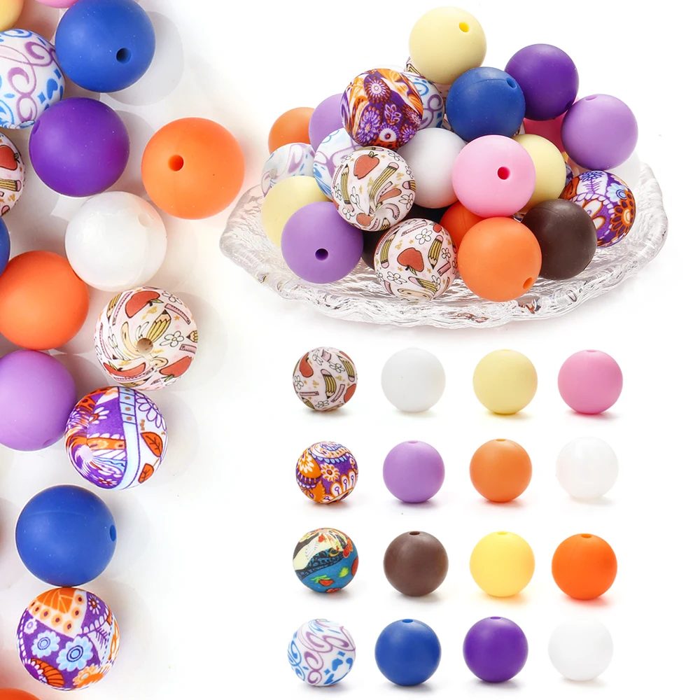 40Pcs Silicone Bead Print Bead Set Multi-Color Matching Vibrant Creative Spacer Loose Beads for Diy Jewelry Making Bracelet