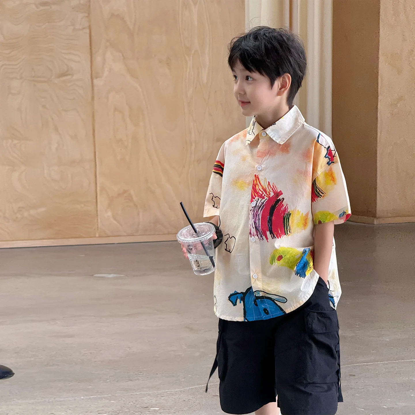 2025 Boys' Summer New Children's Clothing Foreign Style Cartoon Painted Print Short Sleeve Children's Shirt
