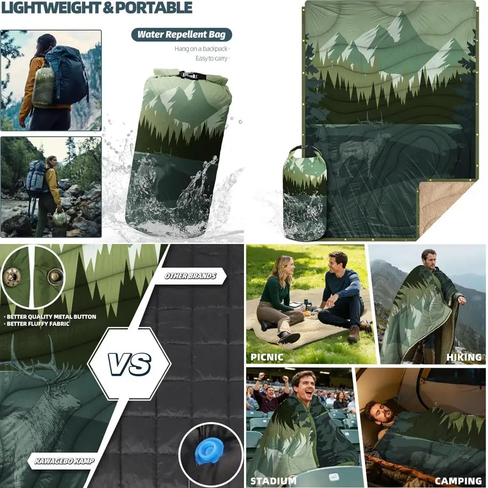 

Thick Sherpa-Lined Outdoor Camping Blanket, 78x56, Ultralight Soft Poncho Quilt for Cold Weather Adventures