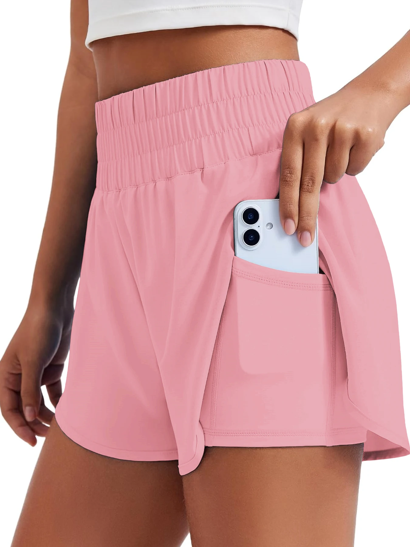 Porty Lady Solid Color High-Waist Yoga Running Double-Layered Anti-Glare Fitness Tight-Fitting Sports Shorts