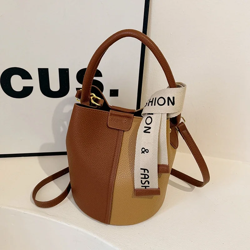 Litchi Pattern Color-block Quality PU Shoulder Bag Large Capacity Bucket Thread Handbag 2024 Hot Sale Bags for Women Bolsa Mujer