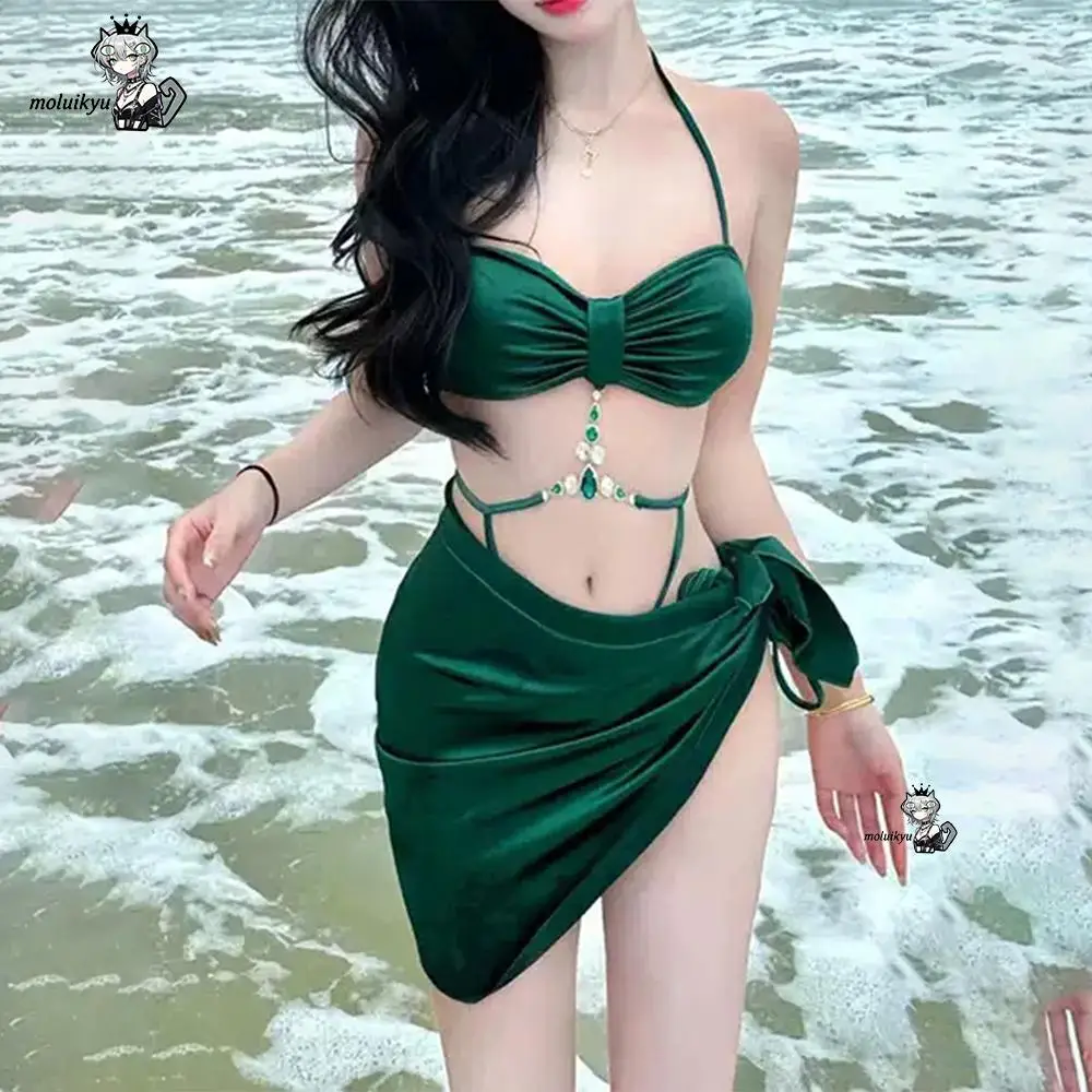 3Pcs Bikini Set Luxury Style Green Neck Tie Satin Halter Rhinestone Chain Skirt Swimsuit Girl Beach Vacation Party Photoshoot