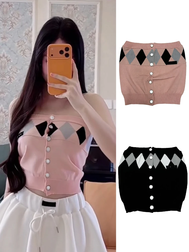 

High Version Jennie Zhang Yingyu Shuxin Letter Buckle Diamond Knitted Tube Top Korean Style Short Length Cotton Blend