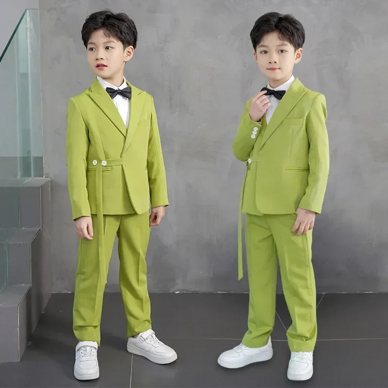 

3 To 14 Years Teens Children Formal Blazers Trousers Outfits Set Boys Suits for Weddings Green Casual Kids Performance Clothes