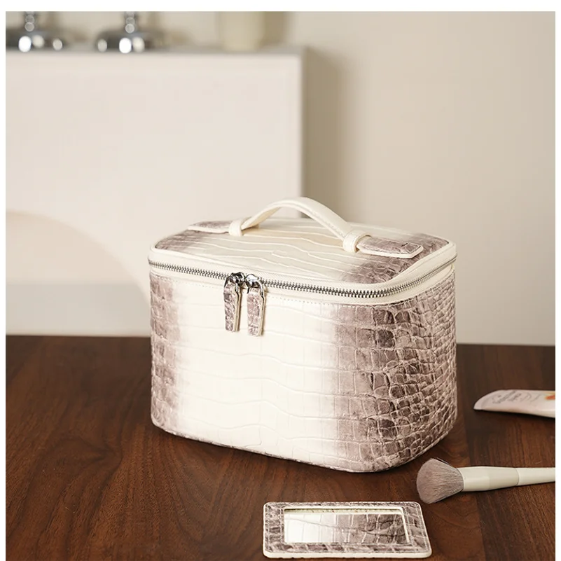Firstgrain Cowhide Himalayan Crocodile Pattern Vanity Case Genuine Leather Square Portable Large-Capacity Hand-Held Cosmetic Bag