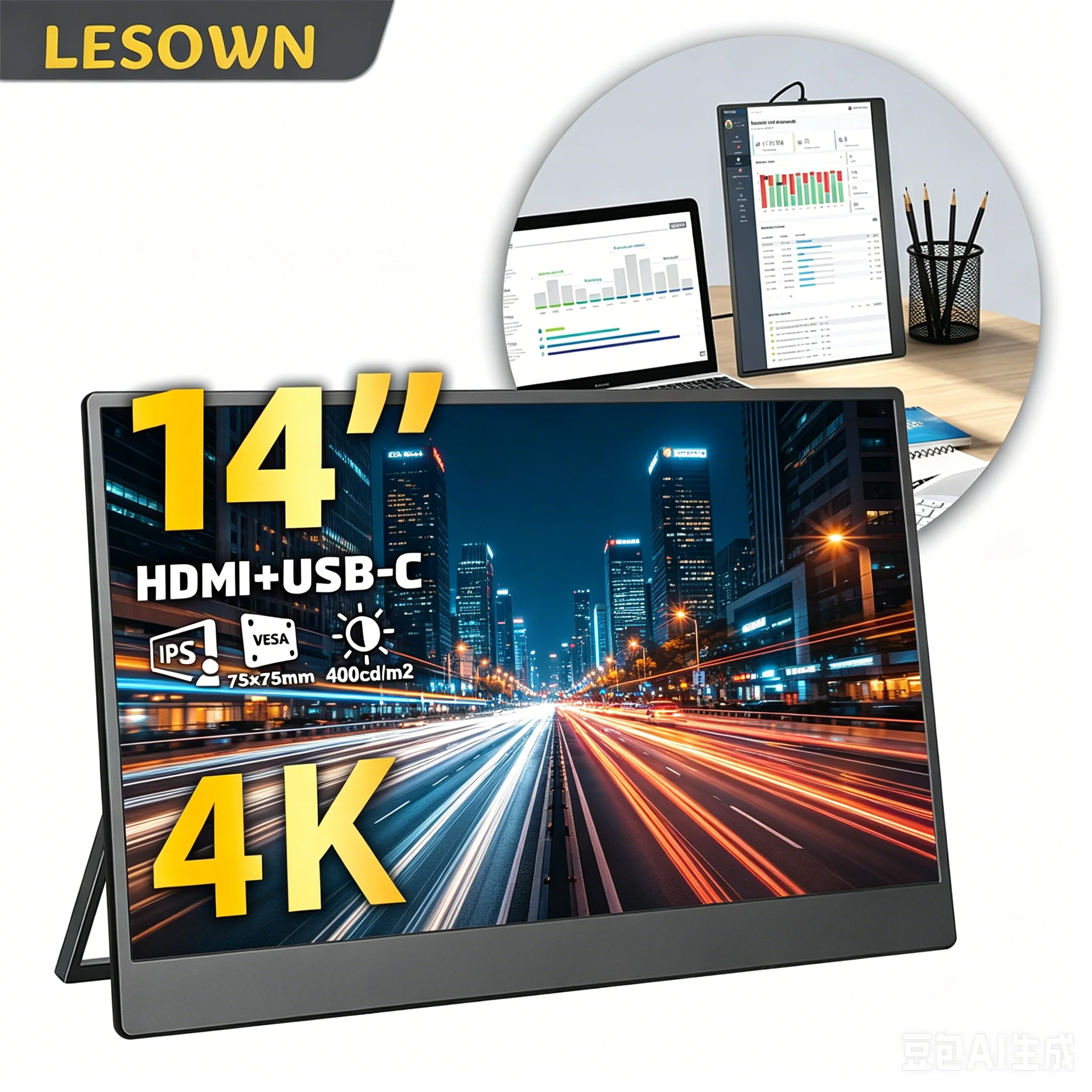 LESOWN Portable 14inch External Monitor 1920x1080 Full HD Screen for Enhanced Laptop Productivity Secondary  16:9 with Type-C