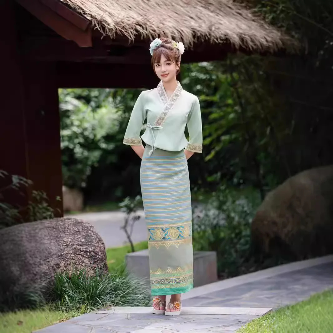 

Таиланд Мьянма женский комплект одежды Дай Тайская традиционная одежда для девочек Костюм Дай со средним рукавом Национальный наряд Этнический костюм