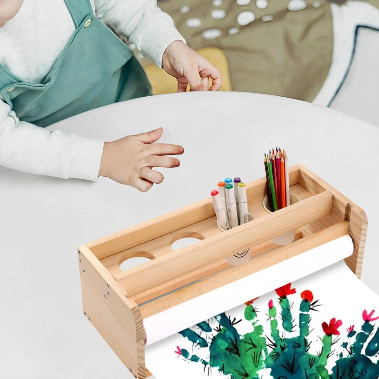 Tabletop Paper Roll Dispenser Wooden Desktop Easel Stand for Art Painting Storage Container for Drawing Set Tablet