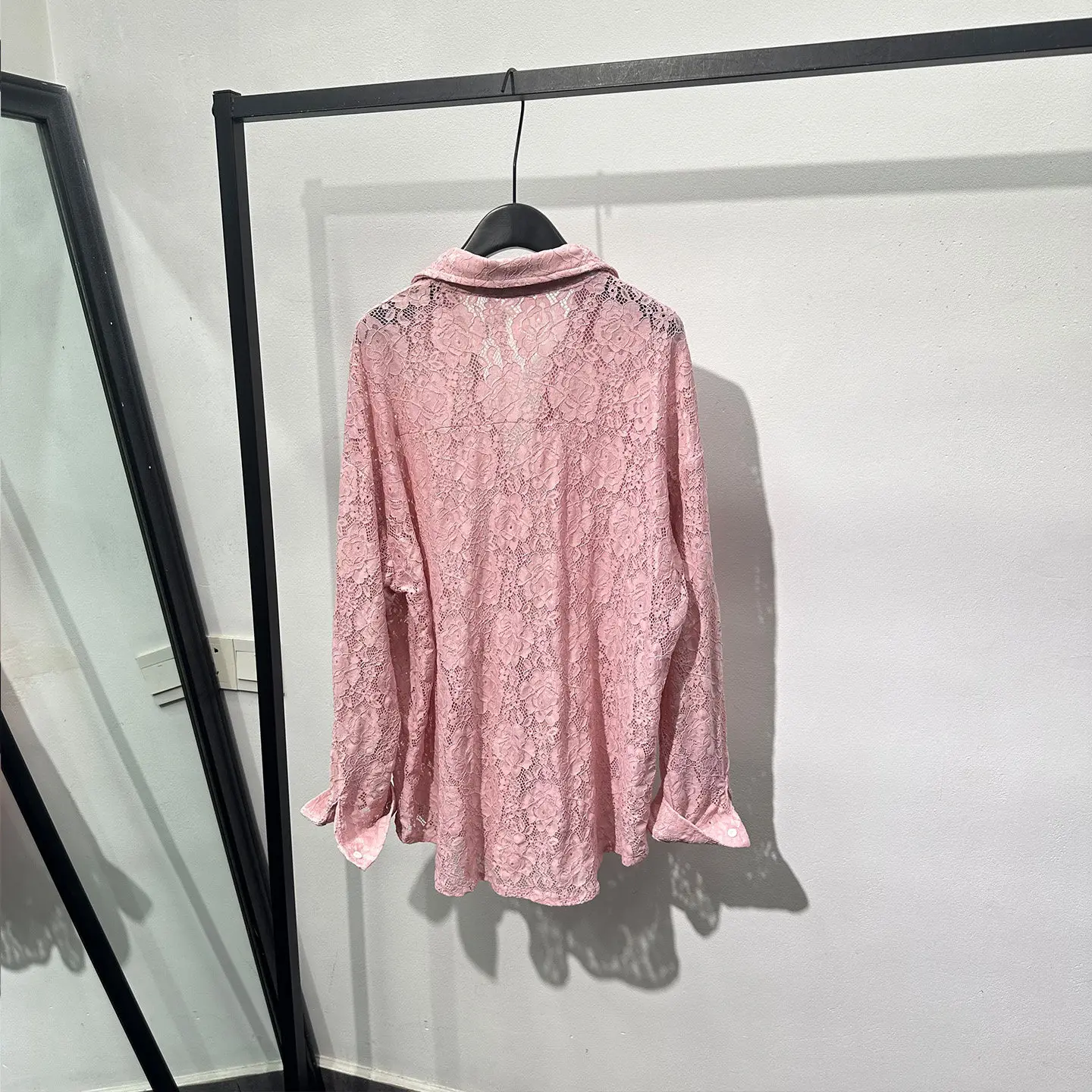 High Street Shrits Men's Fashionable Lace Patchwork Long Sleeved Autumn Loose Retro Lazy Style Hollow Out Casual Shirt