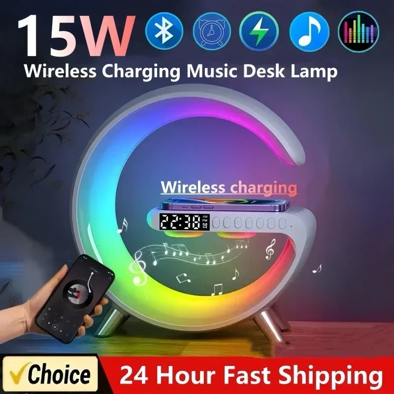 15W Fast Charging Multifunction Wireless Charger Pad Stand Speaker TF RGB Night Light Station for iPhone Samsung Xiaomi Huawei