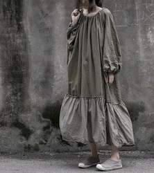 Vintage Casual Lantern Sleeves Patchwork Cotton Linen Dress Women Original Design String Loose Long Holiday Vestidos Female