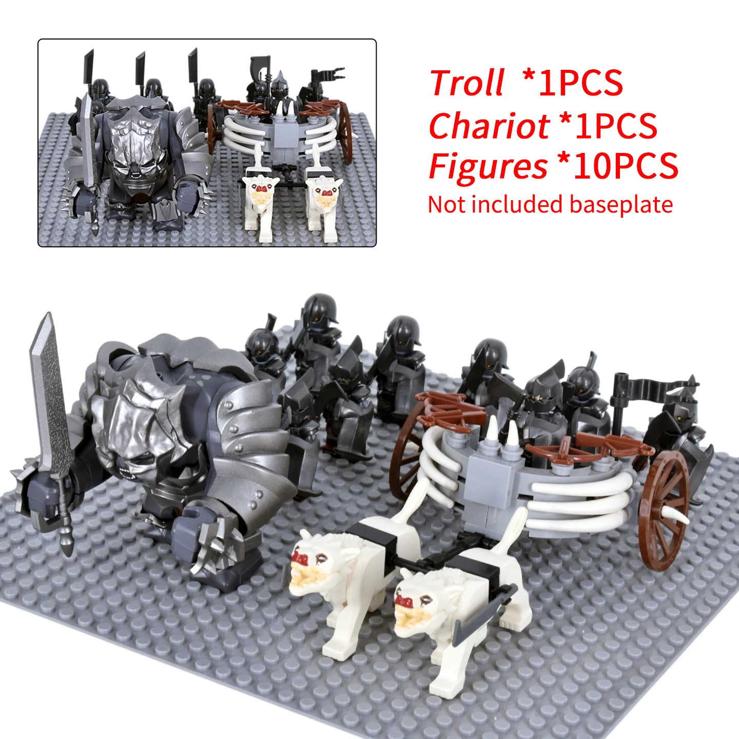 Medieval Battle Building Blocks Set Giant Troll, Wolf Drawn Chariot & 10 Warrior Figures, DIY Army Model Bricks Collectible Toy