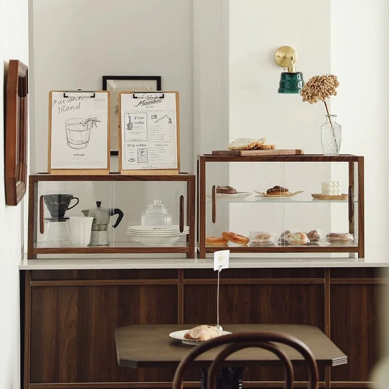 Solid wood glass display cabinet Dessert bread cake coffee shop tea cup tableware figure toy display storage cabinet
