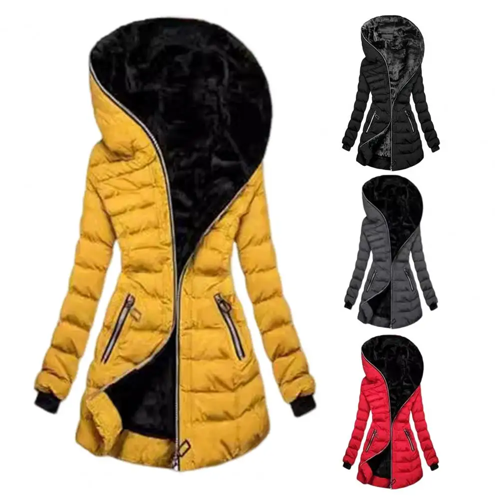 Women Cotton Coat Plush Lined Women's Winter Cotton Coat with Hood Elastic Cuffs Mid Length Down Jacket for Outdoor Activities