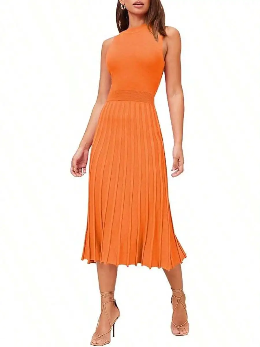 

Women Orange Crew Neck Sleeveless High Waisted Bodycon Pleated Ribbed Knit Midi Dress