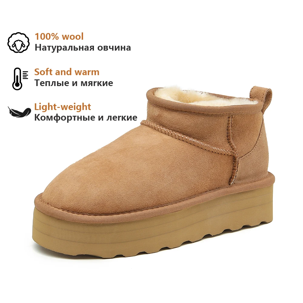 Smile Circle Classic Ultra Mini Platform Snow Boots Women Sheepskin Suede Leather Warm Natural Wool Round Toe Winter Ankle Boots