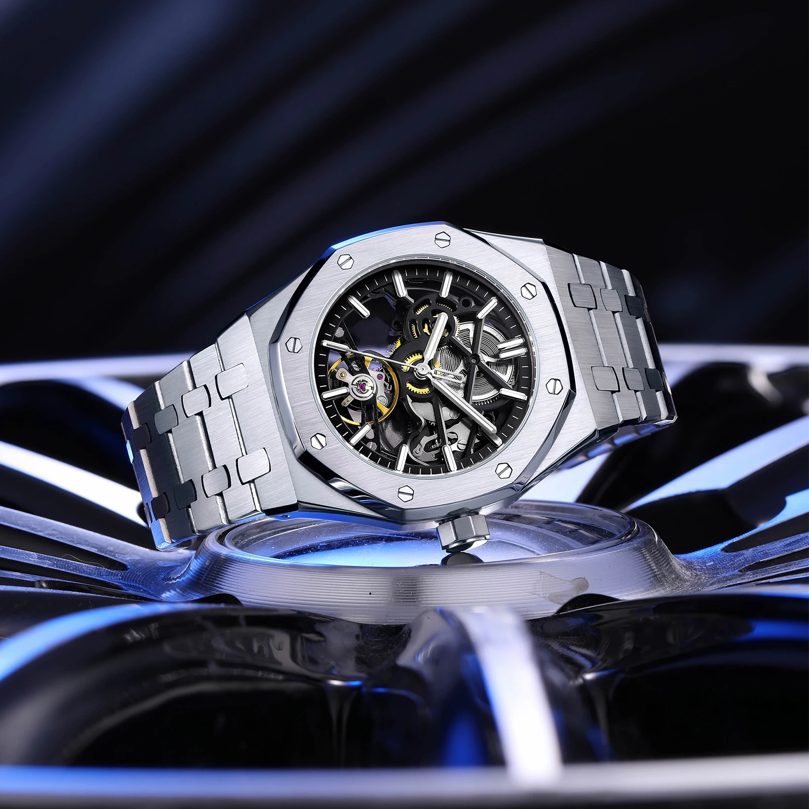 

DG Square Automatic Men Watch Engraved Movement Luminous Hands Mechanical Watches Luxury Stainless Steel Strap