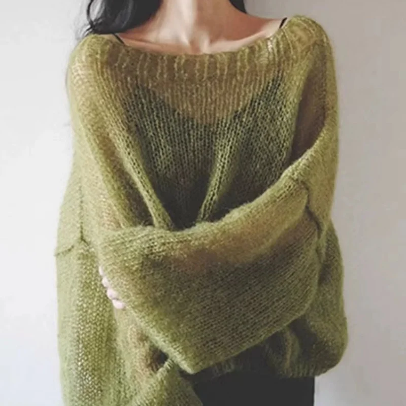 Korean Fashion Green See Through Cashmere Sweater Women Causal Slash Neck Mohair Pullovers Loose Y2K Tops