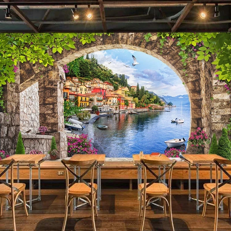 Customized European 3D Arch Small Town Street View Wallpaper Cafe Restaurant Mural Living room sofa TV background wall bedroom