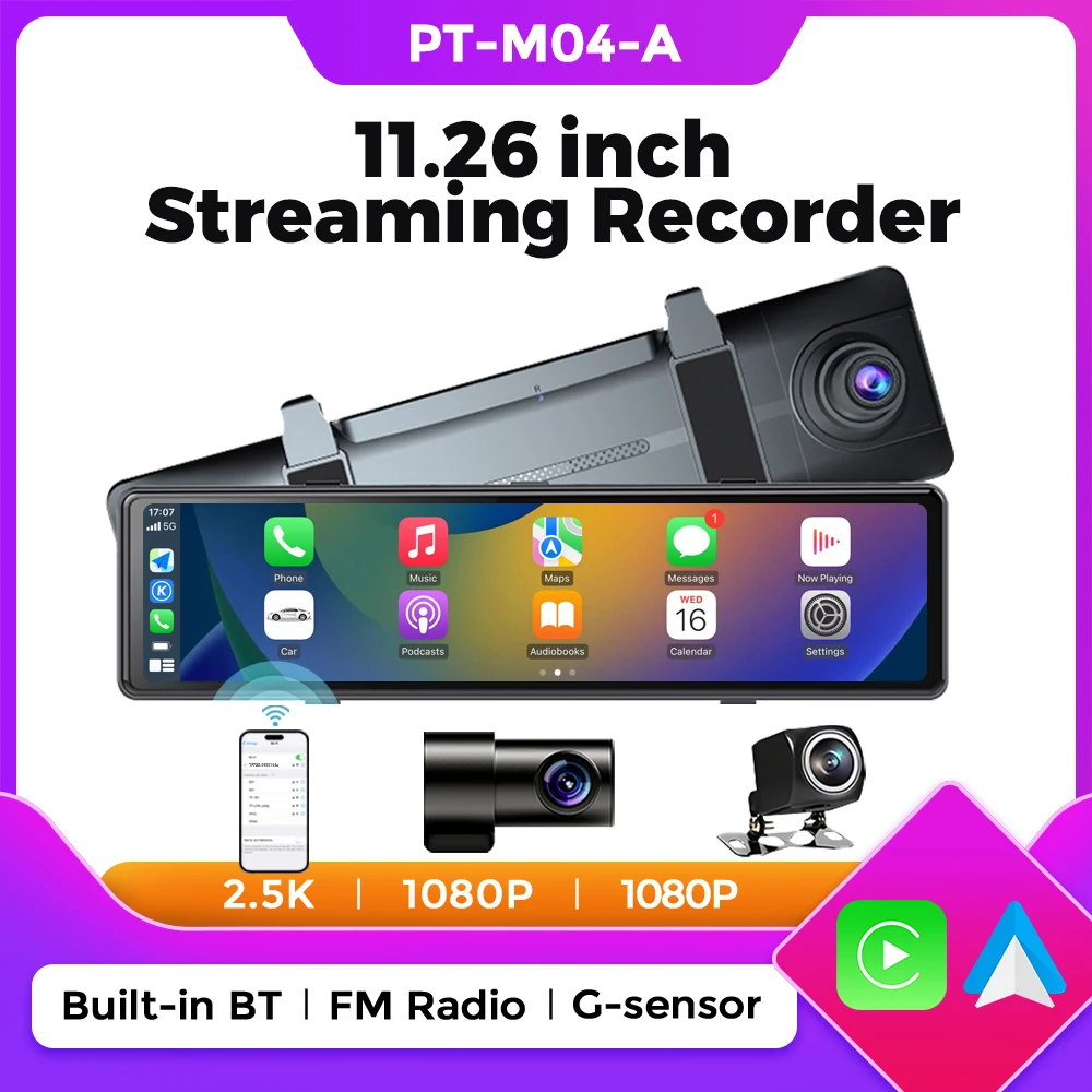 11.26 Inch Mirror Camera Video Recorder Dash Cam 2K Front and 1080P Car Interior Cam Mirror Carplay Android Auto BT AUX FM Radio