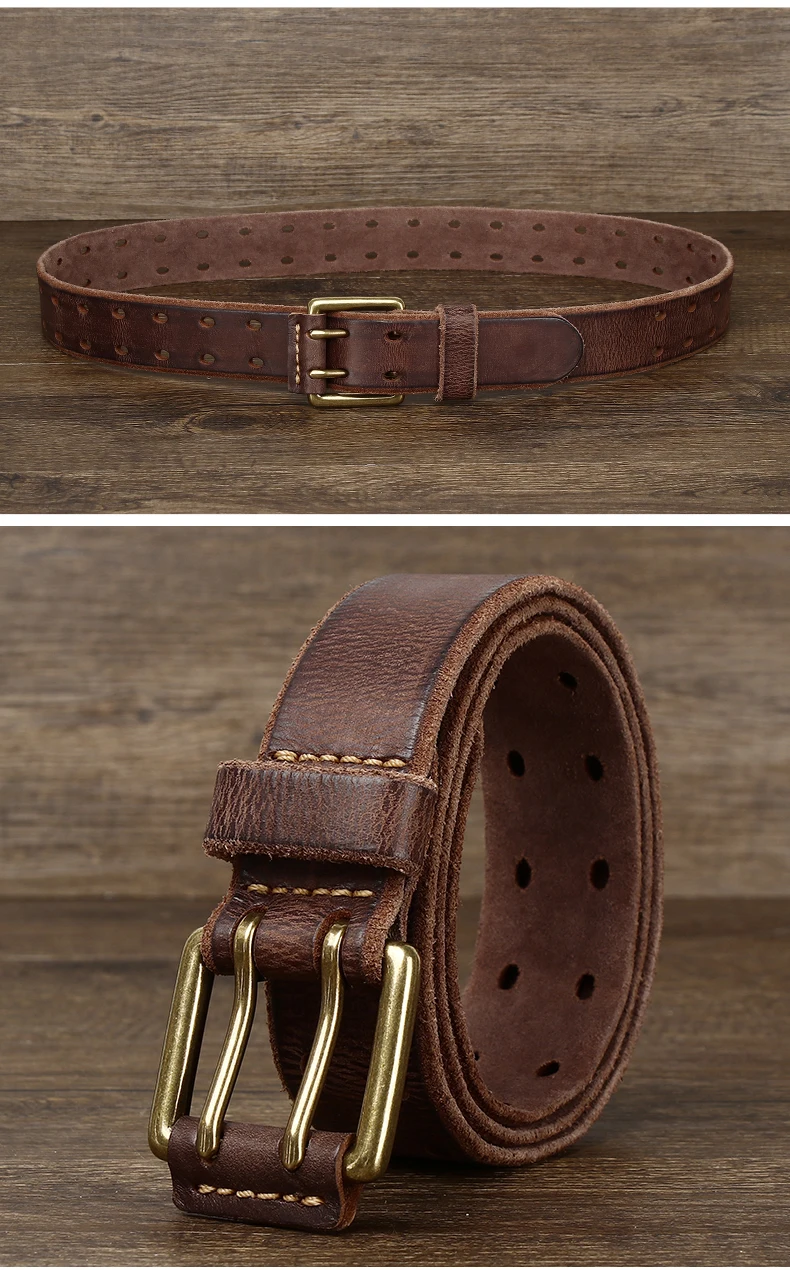 Belt For Men Leather Work Heavy Duty Double Buckles Dlawed Genuine Leather 3.8cm Male Copper Buckle Retro Brown Men's Belt