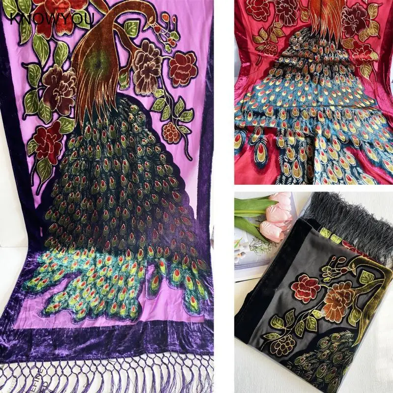 Lady Elegant Shawl Silk Velour Jacquard Flower Capes Evening Party Pashmina Women Luxury Peacock Scarves Spring Autumn Bandanas