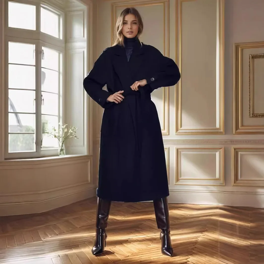 

Loose Fit Full Sleeve Solid Color Polyester Fiber Autumn Winter Russia Women's Ultra-Long Overcoat Knee-Length Woolen Coat