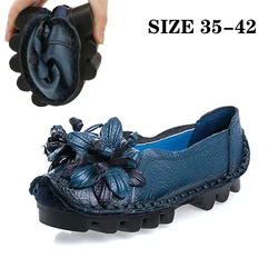Vintage Real Leather Ballet Flats Shoes Women's Loafers Anti Skid Blue Moccasins Ladies Waterproof Driving Shoes Big Size 42