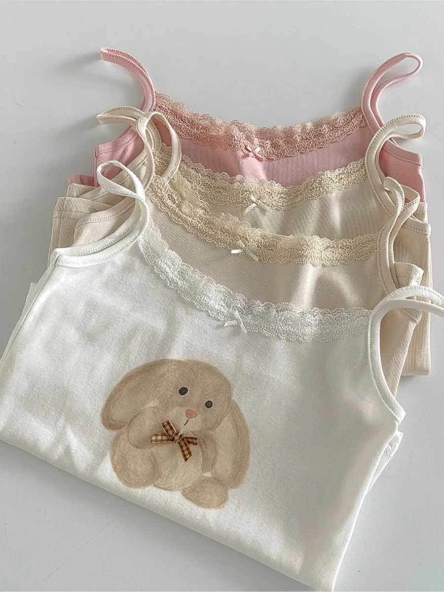 น่ารักการ์ตูนลูกไม้ Trim TANK Tops ผู้หญิงฤดูร้อนใหม่ Slim Cotton เสื้อแขนกุด VINTAGE Sweet Preppy สไตล์ Camisole Y2K เสื้อผ้า