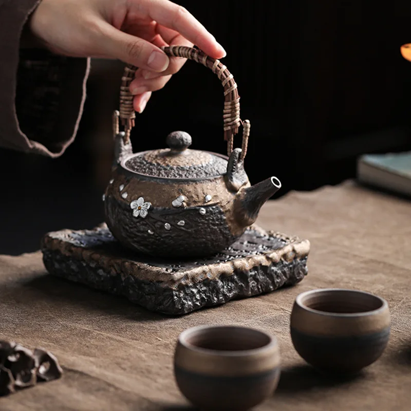 Iron Glaze Pottery Tea Tray Dry Ceramic Water Storage Base with Gold Trim for Gongfu Tea Ceremony Home Decor Gift