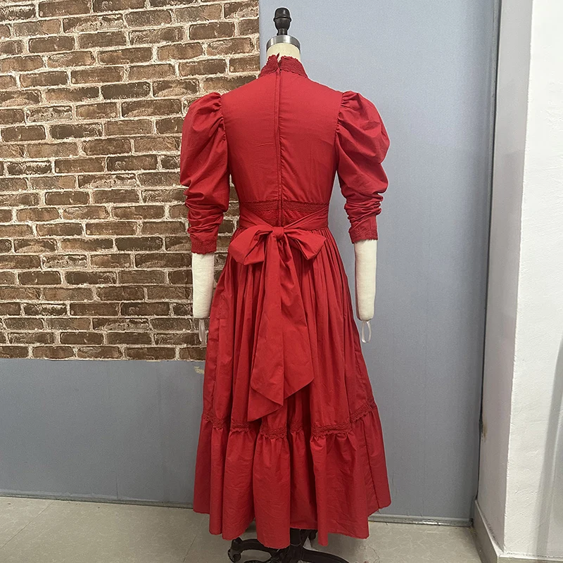 AnXin SH princess red cotton long sleeve o neck flower lace ruffles zipper a line big bow party customized evening dress