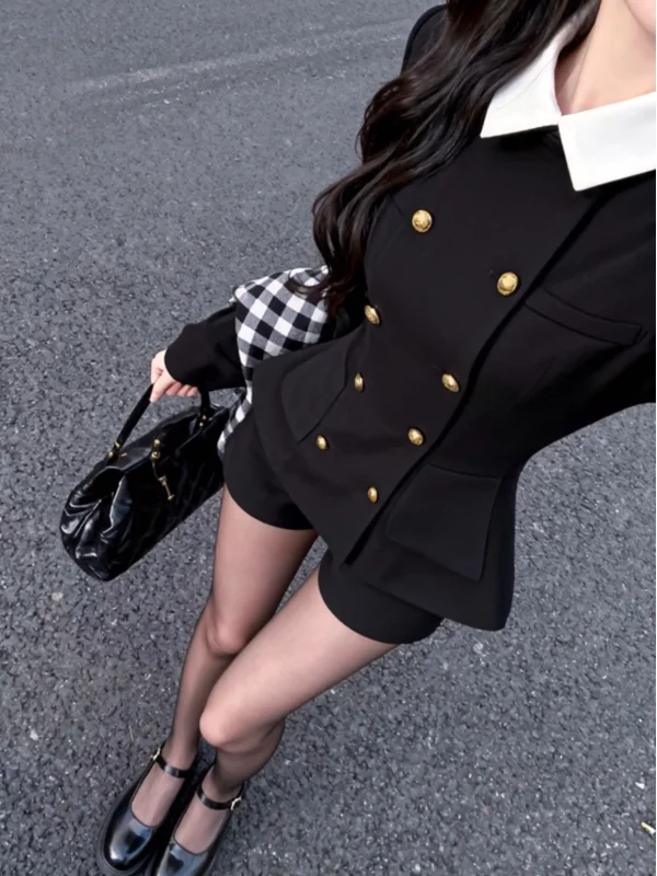 Black Double-Breasted Collar Suit Women's Fashion Set British Style Winter Slimming Design Two-Piece Ensemble Short Sleeve