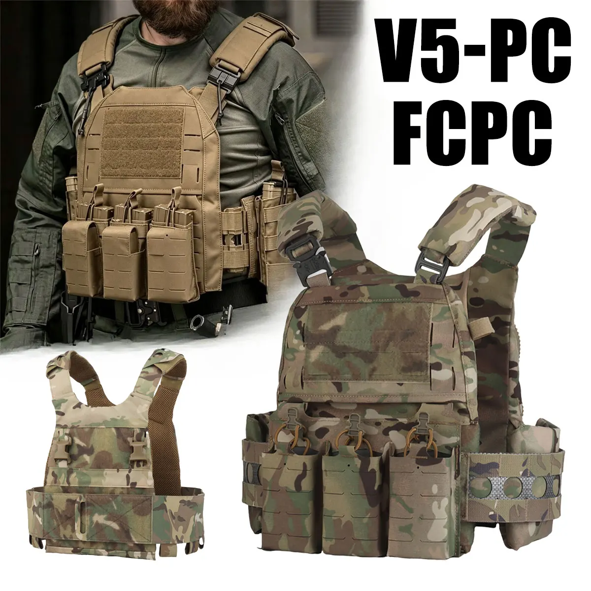 Ferro Tactical Vest Plate Carrier V5 FCPC Militar Hunting Portable MOLLE Triple Magazine Pouch with Zip On Back Panel Banger