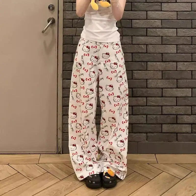 

Cartoon Women's Printed Wide-Leg Pants Kawaii Hot Girls Spring Autumn New Straight Pant Students Fashion Loose Floor Length Pant