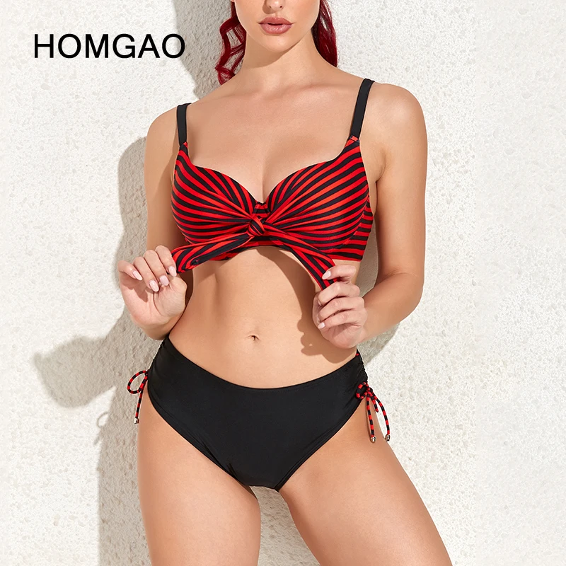 HOMGAO Sexy Stripe Push Up Women Swimsuit Large Cup Bikini 2022 New Swimwear Two Piece Mid Waist Bathing Suit Swimming Suits