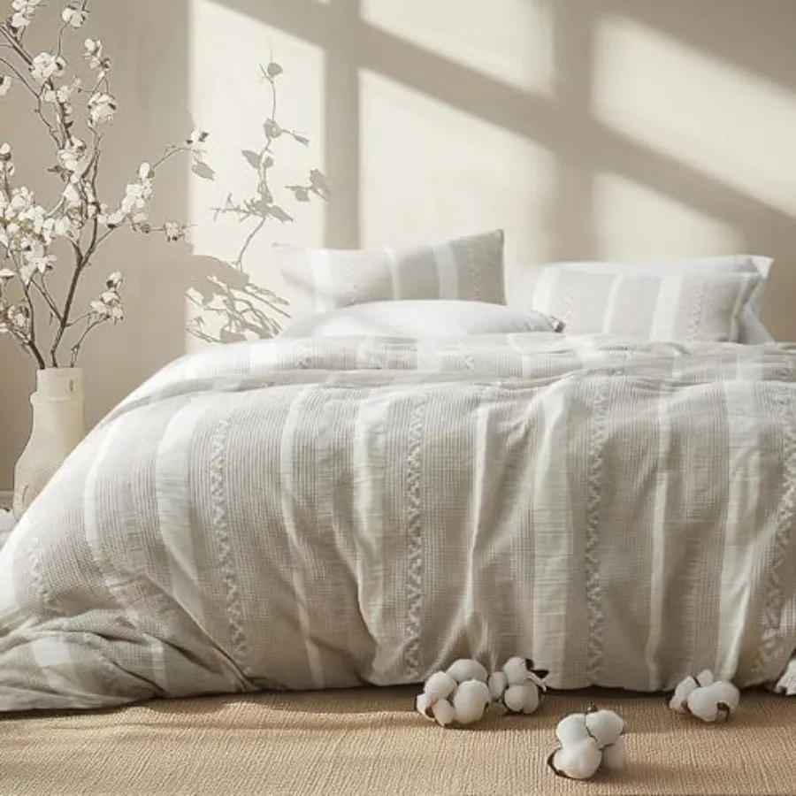 

Waffle Queen Comforter Set - Linen Soft Cotton Bedding Set for All Seasons, Stripe Fluffy Bed Set 3 Pieces with 1 Waffle Weave