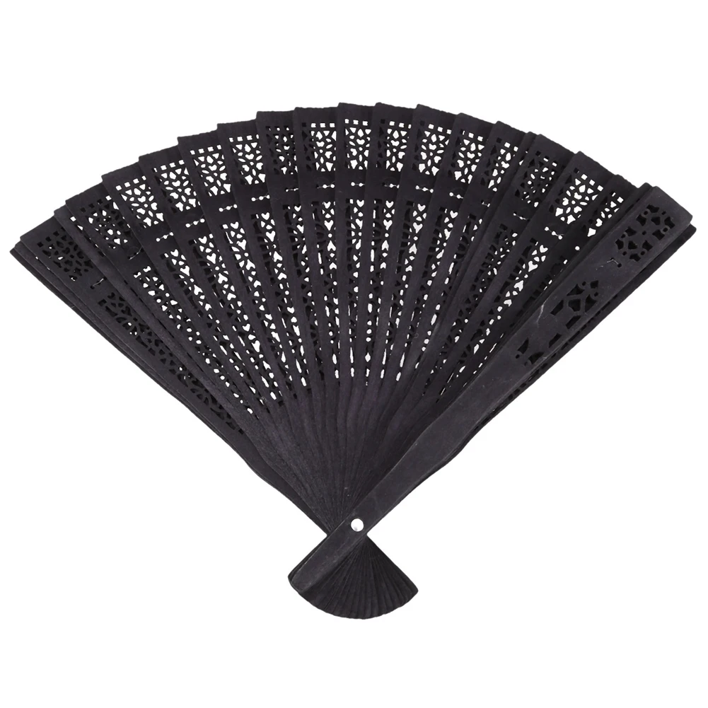 ABLN-2Pcs 8 Inch Chinese Japanese Folding Fan Original Wooden Hand Flower Bamboo Pocket Fan-Black